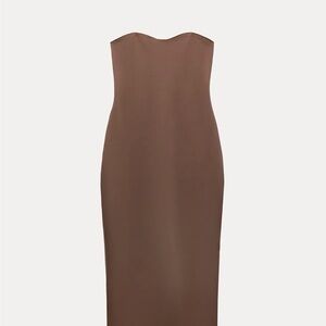 Zara Light Brown Satin-Effect Strapless Midi Dress